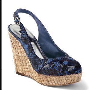 White House Black Market Sophie wedge sandals Blue animal print 8